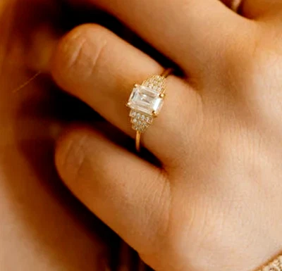 14K Yellow Gold Ring IGI GIA Lab Grown Diamond Emerald Cut 1.15 Ct Sizes 5 6 7 8 - Image 1 of 4