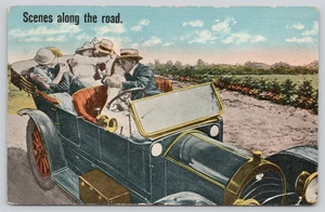Postcard Scenes Along the Road - Three Couples Kissing - Early Automobile - Picture 1 of 2