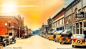 Seconda Ave Alpena MI anni '30 - Foto storica 8 x 10 restaurata e colorata strada - Foto 1 di 1