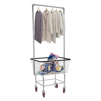 27*22*67'' Wire Laundry Cart Metal Basket Commercial w/ Wheels + Hanging Rack - Image 1 of 4