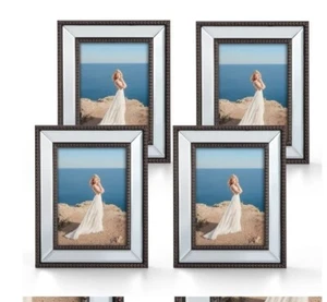 4 PHOTO FRAMES Glass Mirror w/Beaded Trim for 5"x7" Picture~Free-Standing/Wall   - Picture 1 of 10