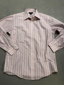 Lands End Shirt Men's 32-33 15" Button Up Long Sleeve Pink Stripe Dress Formal - Picture 1 of 4