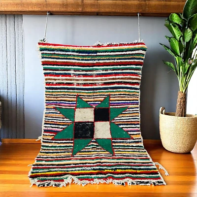 UNIQUE Vintage Moroccan Rag Rug - Colorful Stripes & Green Star -Bohemian Tribal - Image 1 of 4