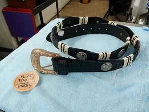 Vintage Black Leather Silver Concho Belt Gold & Silver W/Gold Buckle*NEW 38-42" - Picture 1 of 7