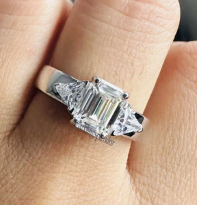 Emerald Cut Moissanite Wide Band Ring Chunky Engagement Ring Women 3 Stone Ring - Picture 1 of 14