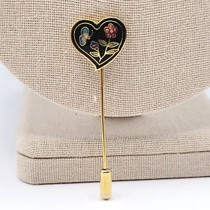 Cloisonne Herzform Stecknadel bunt Blume Schmetterling schwarz Emaille goldfarben - Bild 1 von 10