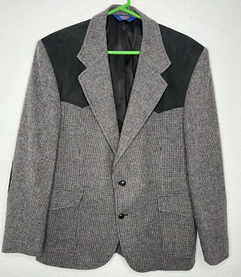 Blazer masculino Pendleton lã tweed couro jaqueta cowboy ocidental cinza/preto tamanho 44 - Imagem 1 de 4