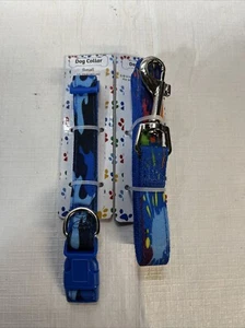 Small Dog Collar and Leash Set Blue Camp & Color Splash Pattern - Picture 1 of 6