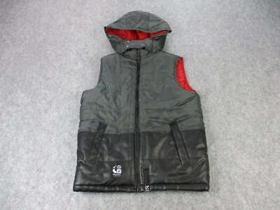 Lifted Research Group LRG Vest Mens Medium Gray Black Puffer Faux Leather Hooded - Image 1 of 4