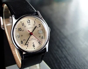 VINTAGE TIMEX 1980 DATE 24HR MILITARY DIAL MECHANICAL WIND UP MEN'S SILVER WATCH - Picture 1 of 9
