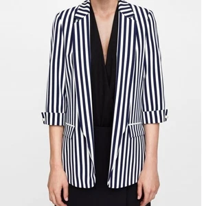 Abrigo Chaqueta Blazer ZARA Rayas Manga 3/4 Mujer Azul Marino y Blanco M 3750 - Imagen 1 de 11