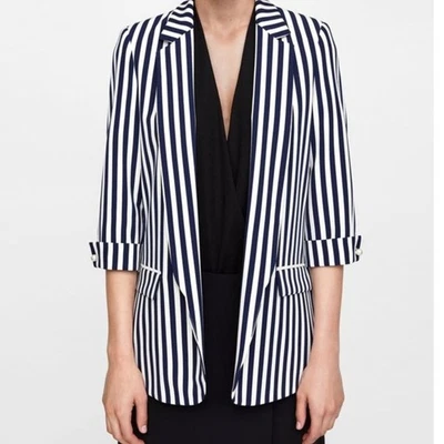 ZARA Striped Blazer Jacket Coat 3/4 Sleeve Womens Navy blue & White M 3750 - Image 1 of 4