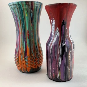 VTG Pair 80’s-90’s Hand Painted Flower Vases Hippie Multicolored Rainbow 9” & 8” - Picture 1 of 16