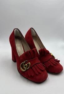 GUCCI SUEDE MARMONT PUMP WOMENS SIZE 37 RED - Picture 1 of 11