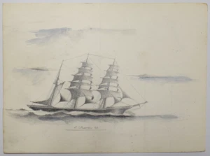 drawing ZEICHNUNG SKIZZE Lapislazuli Aquarell auf Papier 1900 "SEGELSCHIFF BOOT SCHIFF" 23 - Bild 1 von 2