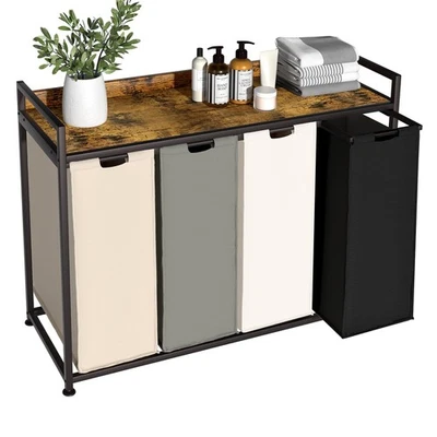 Корзина для белья с полкой, корзина для белья 4 секции, сортировщик белья с выдвижной ручкой... - Изображение 1 из 4