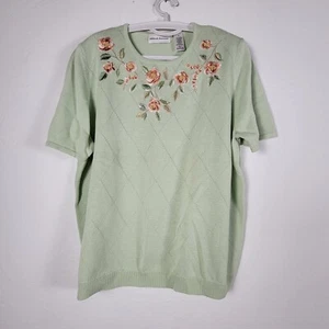 Alfred Dunner Womens X-Large Green Short Sleeve Embroidered Knit Sweater Top - Picture 1 of 8