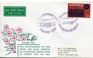 1971 50th Anniversary of First Airmail Service Geraldton-Derby WA - Commem cover - Imagen 1 de 2