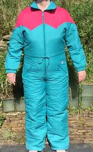 ESTELLE Vintage Ski Suit Nylon Full All In One Turquoise Pink Retro 1980s/1990s - Picture 1 of 20