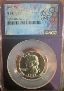 1962 PROOF WASHINGTON QUARTER NGC PF 67 PURPLE HOLDER - Picture 1 of 2