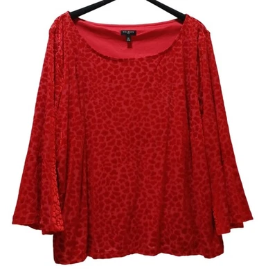Talbots Plus Womens 2X Red Velvet Burnout Animal Print Blouse Luxe Holiday Party - Image 1 of 4