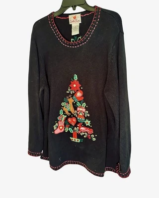 Quacker Factory Sweater Women's 1X Pullover Black Christmas Tree Felt Appliqués - Image 1 of 4
