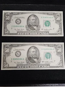 2-$50 Dollar Bill with Consecutive Serial Numbers 1977 Crisp Bills G31850183/84A - Picture 1 of 2