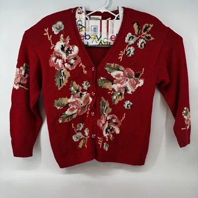 Vintage Susan Bristol Sweater Womens XL Red Floral Rose Hand Knit Cardigan 90s - Image 1 of 4