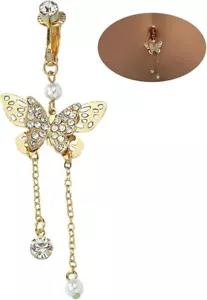 Butterfly Dangle Belly Button Rings for Women Dangling CZ Fake Belly Ring Clip O - Picture 1 of 5