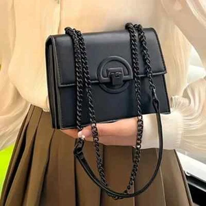 Schwarze minimalistische quadratische Schultertasche, trendige All-Match strukturierte Kette Tasche - Bild 1 von 7