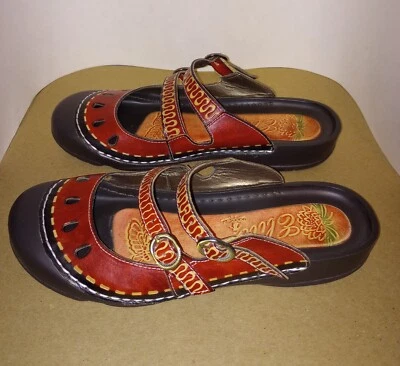 Sz 11 Elite Corkys Red Leather Boho Mule rubber edge 2 adjust strap Watermelon c - Image 1 of 4