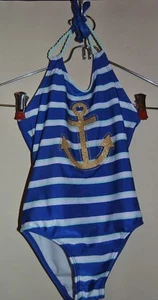 Girl's CAT & JACK Blue White Aqua One Piece Striped Swimsuit Size XS NWOT Anchor - Picture 1 of 3