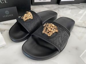 Versace Women's Black Gold Medusa Palazzo Sandals Slides DSR262CN, multiple size