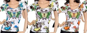 Butterfly Rhinestone Stud Embellished Be Mine Hearts Cap Sleeve Tee Top - Picture 1 of 4
