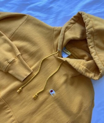 Винтажная мужская толстовка с капюшоном Champion средний пуловер 1990-е обратное плетение желтое золото - Изображение 1 из 4