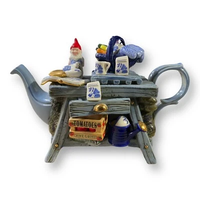 VINTAGE PAUL CARDEW LARGE BLUE WILLOW W/ GNOME GARDENING TABLE TEAPOT - Image 1 of 4