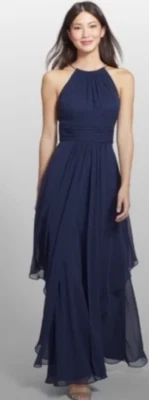 Eliza J Gown Women's 8 Blue Grecian Ruched Gold Choker Chain Long Formal Dress - Image 1 of 4