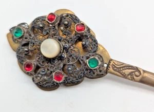 Biedermeier Miederstecker, Gewandnadel um 1840, filigran, Steinbesatz, Trachten - Bild 1 von 7