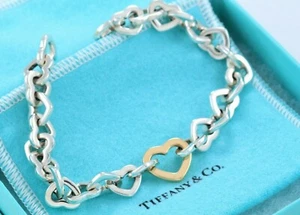 De colección Tiffany & Co Oro Amarillo 18K Plata Corazón Eslabón Cadena Pulsera Bolsa Raro - Imagen 1 de 9