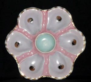 Antique Oyster Plate ~ Majolica ~ 6 Violet Wells ~ Blue Sauce Well ~ Pink & Gold - Picture 1 of 9