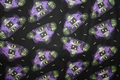 HAUNTED HOUSE IN BLACK ABD PURPLE FROM FREE SPIRIT - 100% COTTON FABRIC - Image 1 of 4