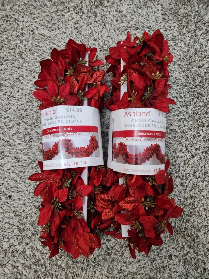 Juego de 2 Guirnaldas Ashland 6 pies Rojo Poinsettia Brillo Navidad Invierno-NUEVO CON ETIQUETAS Foto 1 de 2