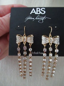 NWT ABS Gold Tone Pave Bow Tie Drop Earrings/ 3 Linear Rhinestone Strands-$55 - Picture 1 of 11