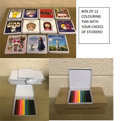 BOX OF 12 COLOURING PENCIL TINS Marvel/pokemon/frozen/baby shark,lol PARTY BAG - Image 1 of 4