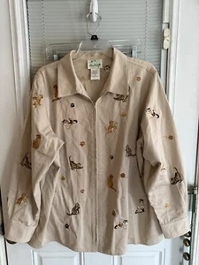Vintage Quacker Factory Jacket Tan Embroider Cats Kittens Jewels Zip Up EUC 1X - Picture 1 of 10