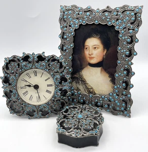 Vintage verzierte künstliche Türkis Perlen schwarz Emaille silberfarben Fotorahmen Schmuck Uhr - Bild 1 von 16