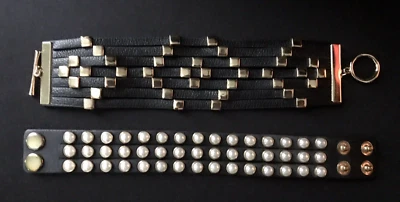 Lot 2 Black Leather & Gold Tone Faux Pearl Stud Boho Cuff Bracelets - Image 1 of 4
