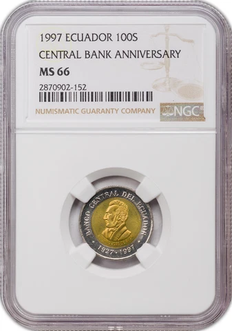 1997 ECUADOR CENTRAL BANK ANNIVERSARY 100 SUCRES NGC MS 66 COIN 2 GRADED HIGHER Cover