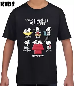 What Makes Me Happy T-Shirt Kids Funny Coffee Food Sleeping Games Youth Tee Top - Picture 1 of 13