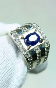 Natural Blue Sapphire Ring 925 Silver Plated Ring For Men's Engagement Ring - Picture 1 of 6